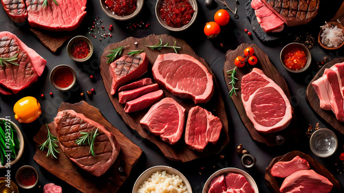 Sumptuous Symphony: A Captivating Culinary Canvas of Prime Beef Steaks and Luscious Raw Cuts on a Rustic, Dark Table