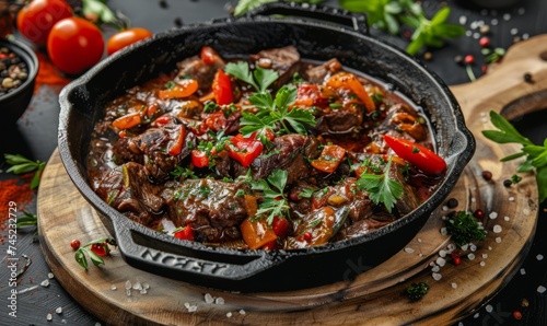 A sizzling iron skillet showcasing a juicy steak alongside vibrant bell peppers, onions, and aromatic herbs, perfect for cooking and culinary concepts