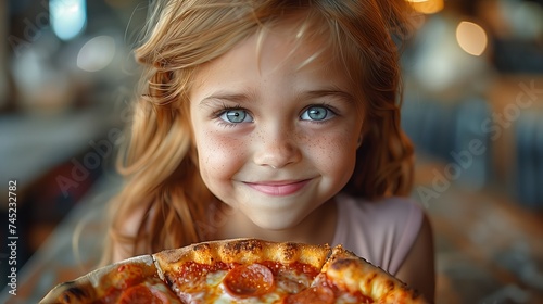 Happy girl holding a slice of pizza  smiling at the camera