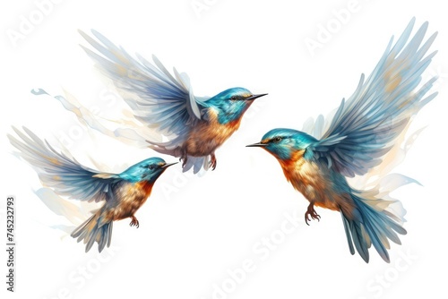 watercolor illustration three tropical birds Colibri , colorful flying beautiful bird isolated on white background © Inna