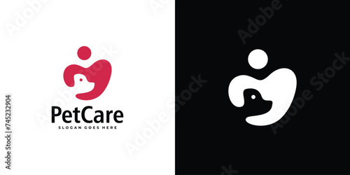 Creative Pet Care Logo. People Hug Dogs with Minimalist Style. Dog Logo Icon Symbol Vector Design Template.