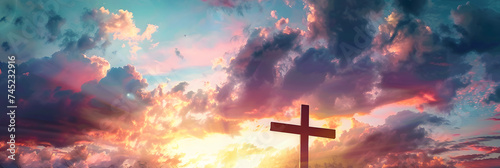 Cross of Jesus Christ on sunset sky background. Christian religion concept. #745232916