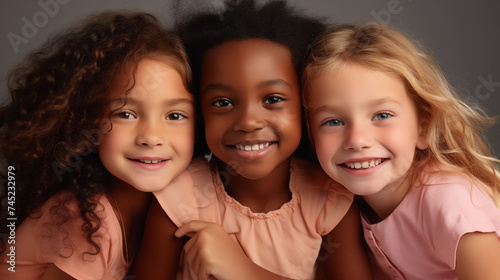 3 girls, different skin colors A confident many child posing against a Isolated backdrop, her bright smile and a clear orange t shirt, isolated in a light brown studio.