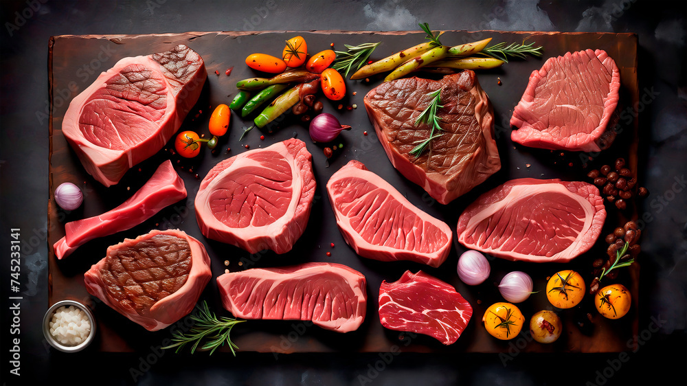 Sumptuous Symphony: A Captivating Culinary Canvas of Prime Beef Steaks and Luscious Raw Cuts on a Rustic, Dark Table