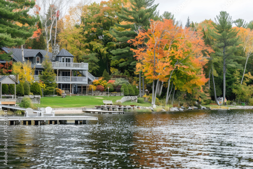 Serene lake scene with vibrant autumn colors