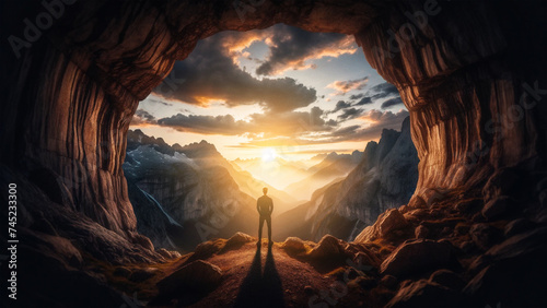 Person silhouetted in cave entrance overlooking a mountainous sunset, serene end of day exploration, tranquil nature escape concept