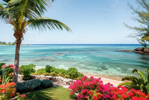 A picturesque view of a sandy beach with crystal clear blue waters, palm trees, and vibrant flowers under a sunny sky.