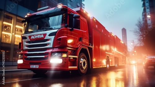 Fire fighting truck driving on road fast moment emergency case