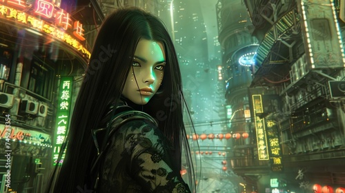 Concept of a sexy anime girl character in a modern cyberpunk city AI generated image photo