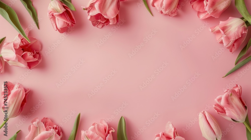 top view, light pink solid background; frame from pink tulips flowers, studio light top view, light pink solid background; frame from pink tulips flowers, studio light