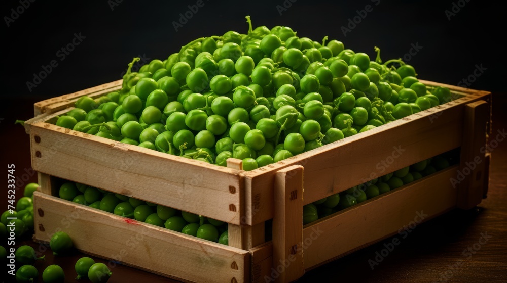Close-up realistic photo featuring a box of freshly harvested green peas Generative AI Close-up realistic photo featuring a box of freshly harvested green peas Generative AI