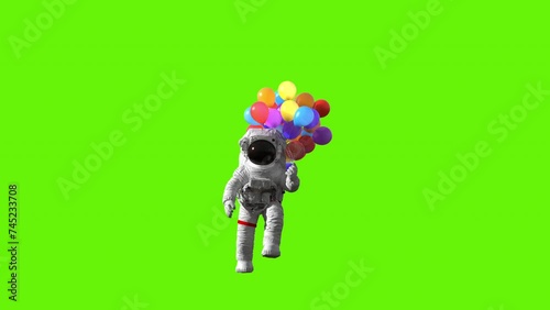 Happy Astronaut with Colorful Balloons Jumps and Funny Falls at the End on a Green Screen Background, Beautiful Conceptual 3D Animation in Slow Motion, 4K 3840x2160 photo