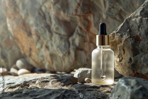 Translucent bottle, skin care serum, dropper mouth, stone stage background below 