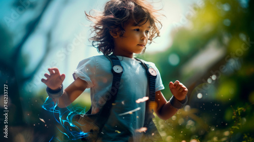 A child with a backpack dashes through sunlight, encircled by enchanting blue swirls, embodying the spirit of wonder and adventure in a vibrant, joyful moment. © stateronz