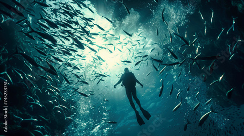 Divers with lots of fish and sharks under water  photo