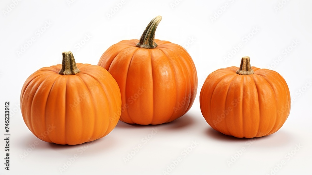 Close-up realistic photo featuring three bright orange pumpkins on a white background Generative AI Close-up realistic photo featuring three bright orange pumpkins on a white background Generative AI