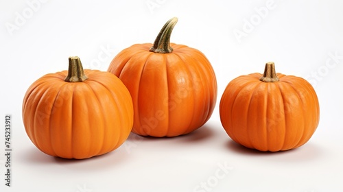 Close-up realistic photo featuring three bright orange pumpkins on a white background Generative AI © vadosloginov