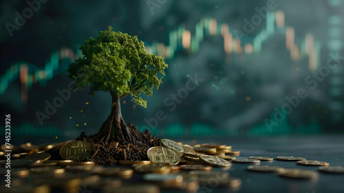 Plants or tree growing on a pile of coins on the table. stock market chart background, financial growth and financial freedom concept