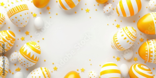 White and yellow festive easter eggs frame background with free copy space inside, 