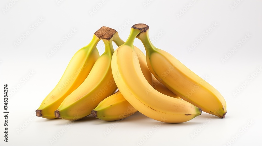 Close-up realistic photo showcasing three golden-hued bananas on a white background Generative AI