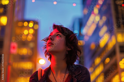 A young woman exploring a vibrant cityscape at dusk