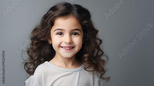 Close up of girl with white skin  brown long hair  wavy hair and a clear white  t shirt  isolated in a light grey studio. Portrait person.