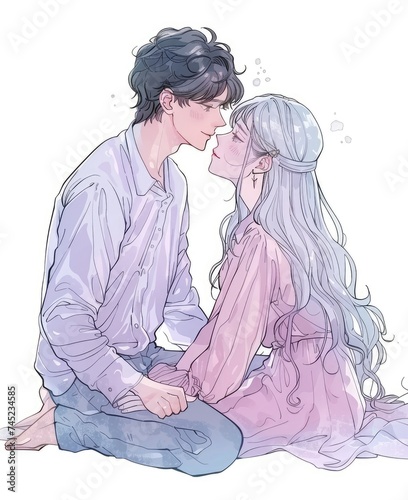 Coloring book Cover for teenagers with illustration of ISEKAI genre: two loving souls meet and he and she are on their knees happy to have met. Pastel colors. Color splush. --ar 9:11  photo