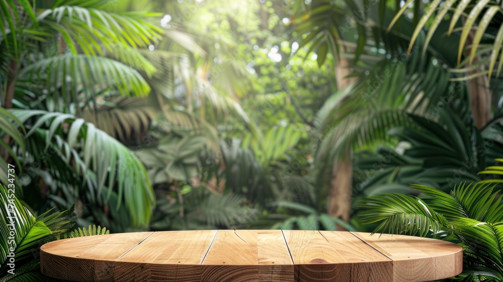 Wooden platform pedestal in tropical forest for product presentation on white background Wooden platform pedestal in tropical forest for product presentation on white background