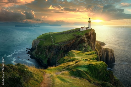 Sunset Vista at Neist Point Lighthouse on the Isle of Skye, Highlands Scotland, UK