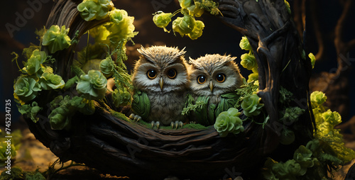 owl in the night, Enchanting Owl Family Nesting in Tree Hollow Create a magical scene with a family of owls nesting in the hollow of a tree, their fluffy cheeks peeking out from the safety of their co photo