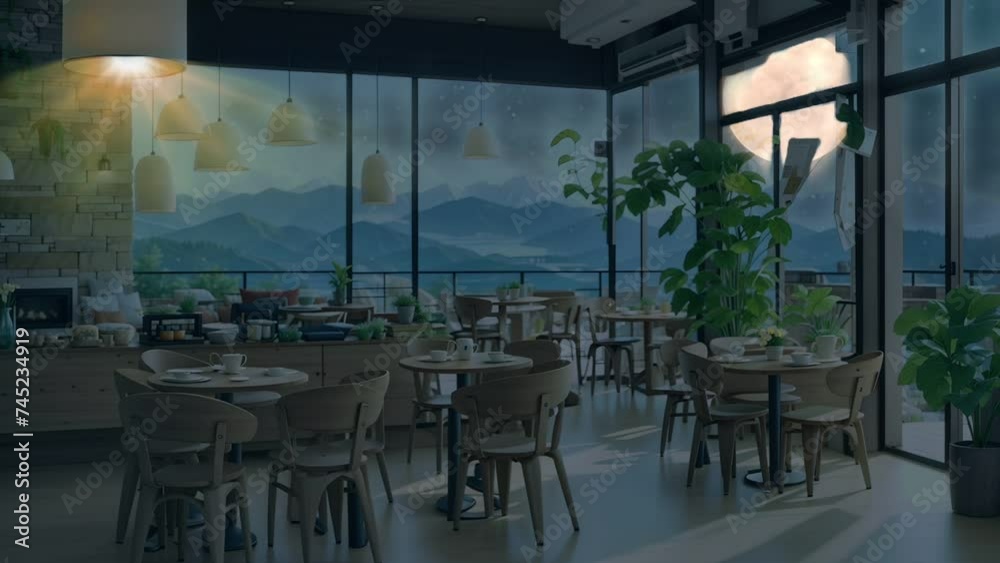 A coffee shop at night with a full moon, seamless looping time-lapse animation video background by AI.