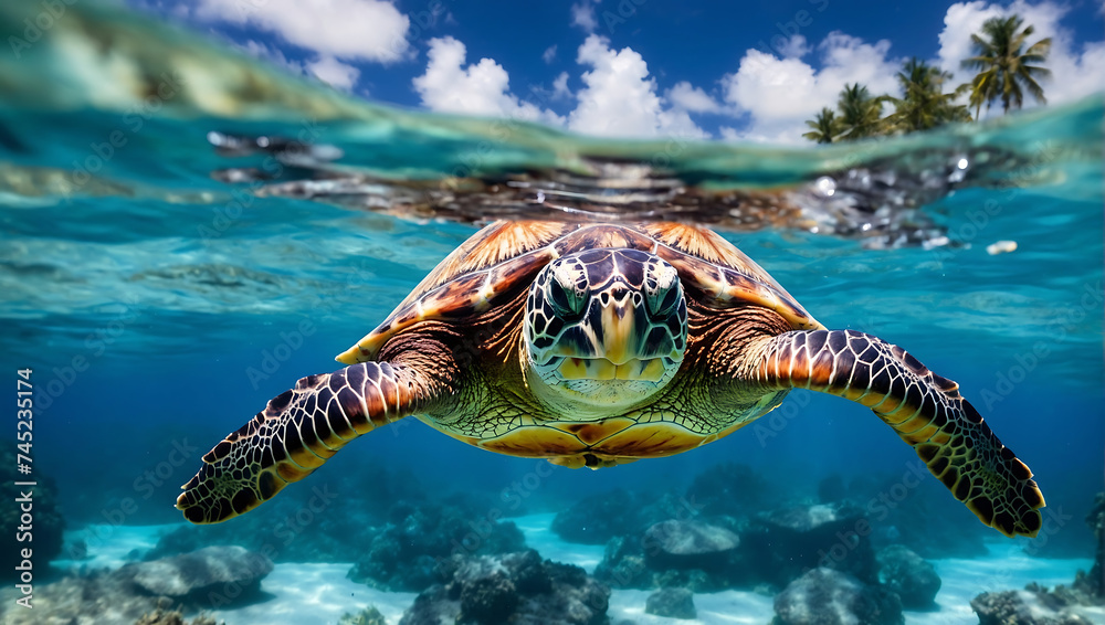 Podwodna podróż - spotkanie z żółwiem morskim - obrazy, fototapety, plakaty 