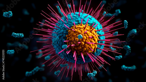 A microscopic view reveals a virus particle adorned with pink and yellow proteins against a navy backdrop, illustrating its role as a significant medical health threat through vivid color.