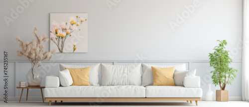 Modern Minimal clean clear contemporary white living room interior  home interior design daylight background, white sofa furniture and flowers couch in living room daylight from window, copyspace © ND STOCK