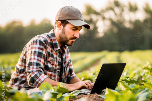 A young male farmer works on his laptop in the middle of a green field, managing and monitoring crops at sunset.