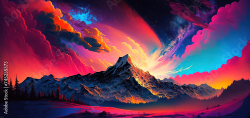 Vibrant dreamscape with this stunning digital art featuring majestic mountain © DP