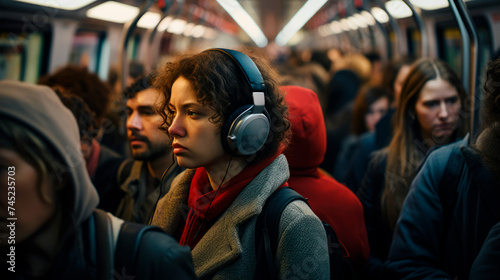 Reflective woman with headphones lost in thought amidst a bustling subway, embodying. A narrative of contemplation and personal journey in city life's chaos. Captures the essence of introspection.