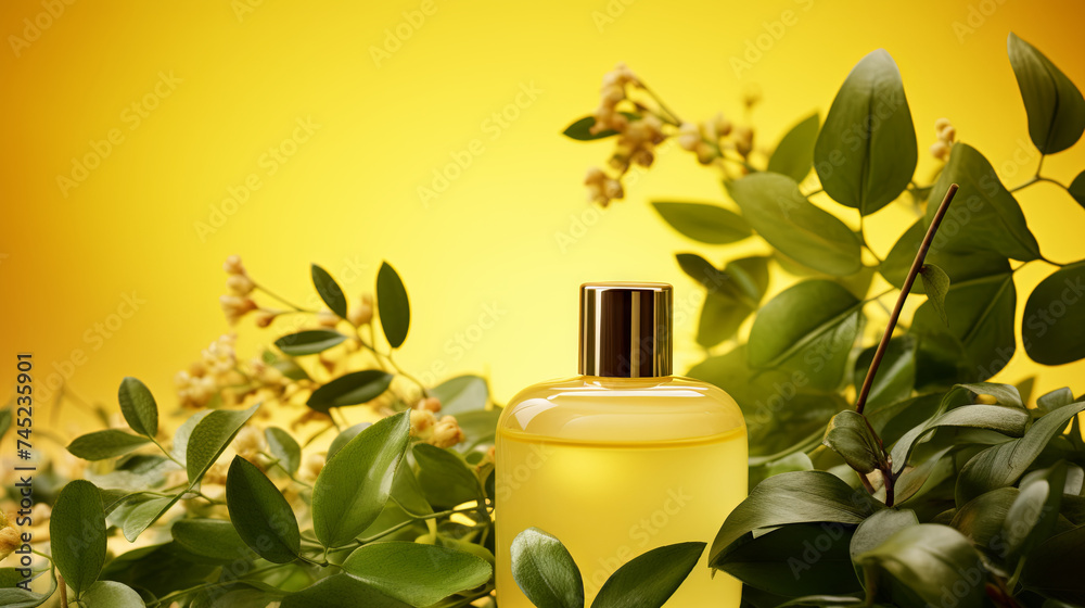 Close-up beautiful transparent bottle with cosmetic serum, lotion or perfume from natural ingredients on yellow lemon background with green leaves. Advertising banner of your cosmetics Close-up beautiful transparent bottle with cosmetic serum, lotion or perfume from natural ingredients on yellow lemon background with green leaves. Advertising banner of your cosmetics
