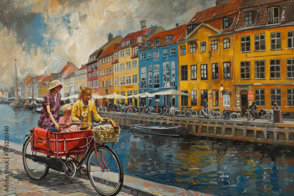 Mother Cycling with Two Young Boys in a Cargo Bike Along a Canal in Copenhagen with Colorful Buildings in the Background