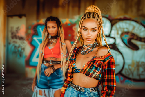 Two fashionable young women posing confidently in front of vibrant graffiti, showcasing urban streetwear and trendy hairstyles.