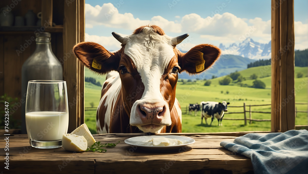 Szkło świeżego mleka i ser na tle pastwiska z krowami - obrazy, fototapety, plakaty 