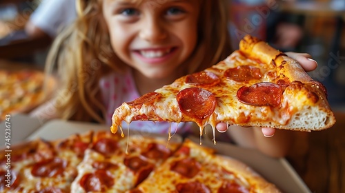 Toddler enjoying a slice of pepperoni pizza with a big smile