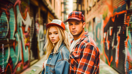 Stylish young couple posing in front of a colorful graffiti wall, exuding cool urban fashion and togetherness.