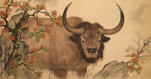 
Ancient, brown maned bull/bull with metal horns, ukiyoe 17th century Japanese traditional style photo