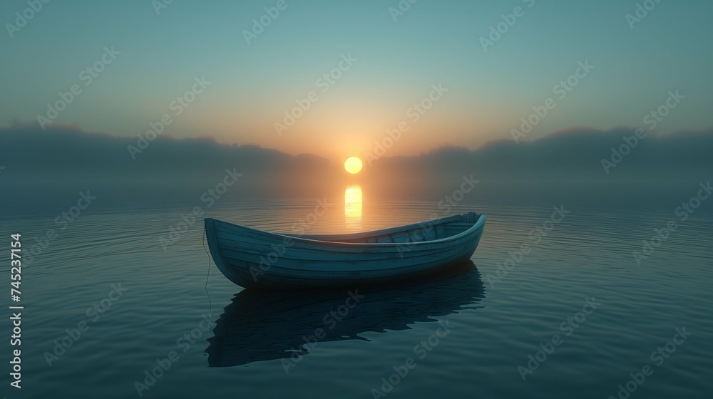 Fototapeta premium Tranquil Dawn: Solitary Boat on Calm Water at Sunrise