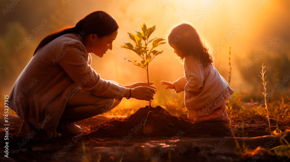 Woman and child engage in planting a tree at sunset, embodying nurturing and environmental care. This moment captures the essence of growth, sustainability, and the hope for a greener future.