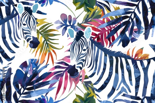 Two zebras in palm leaves, watercolor colorful drawn.