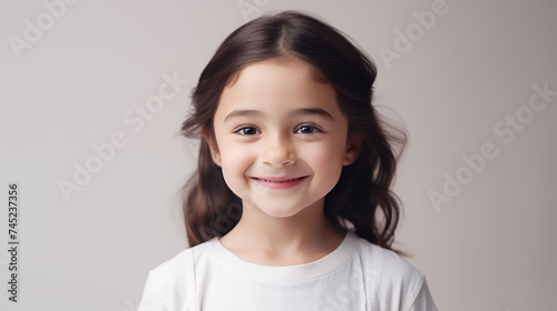 Close up of girl with white skin  brown long hair  wavy hair and a clear white  t shirt  isolated in a light white studio. Portrait person.