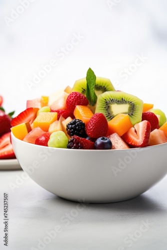 A plate of fresh fruit salad with yogurt and garnished with mint on white background.