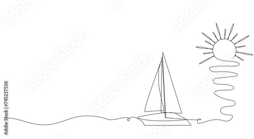 Sailboat, boat, ship, sea wave and palm tree, sun. The concept of travel, rest, cruise, sea. Hand drawing one solid line. Vector.